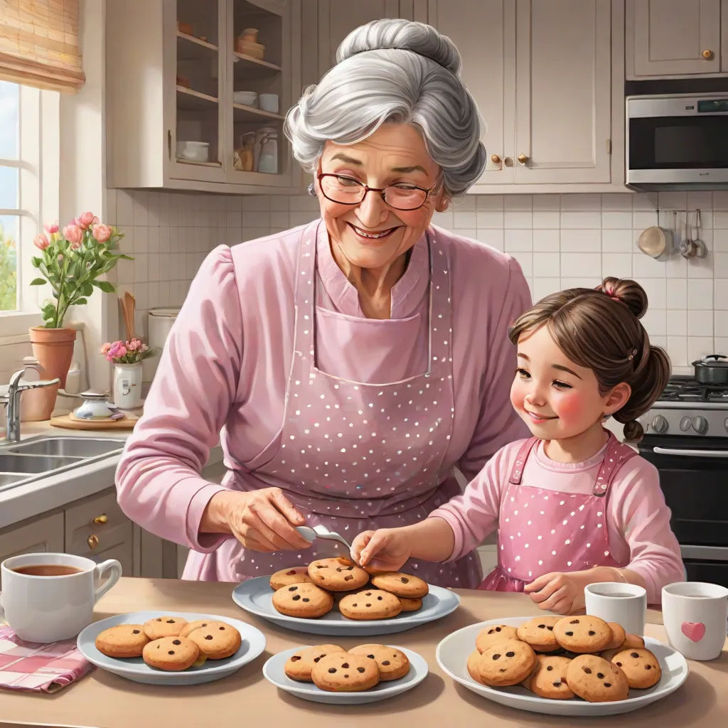 a painting of an older woman and a young girl making cookies together in a kitchen with a table full of cookies, a storybook illustration, Constance Copeman, american scene painting, storybook illustration