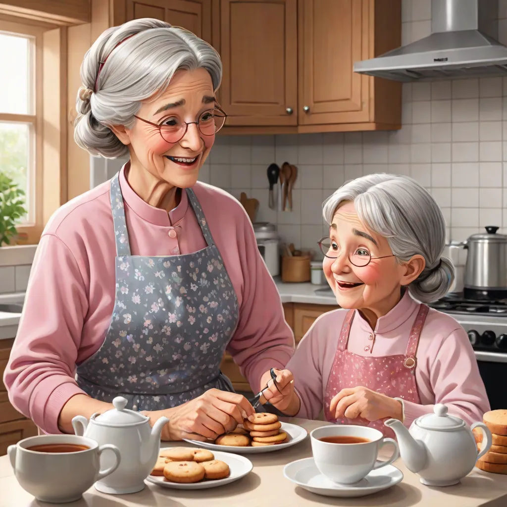 a painting of an elderly woman and child eating cookies together in a kitchen with a coffee mug and teapot, a storybook illustration, Bob Byerley, fantastic realism, storybook illustration