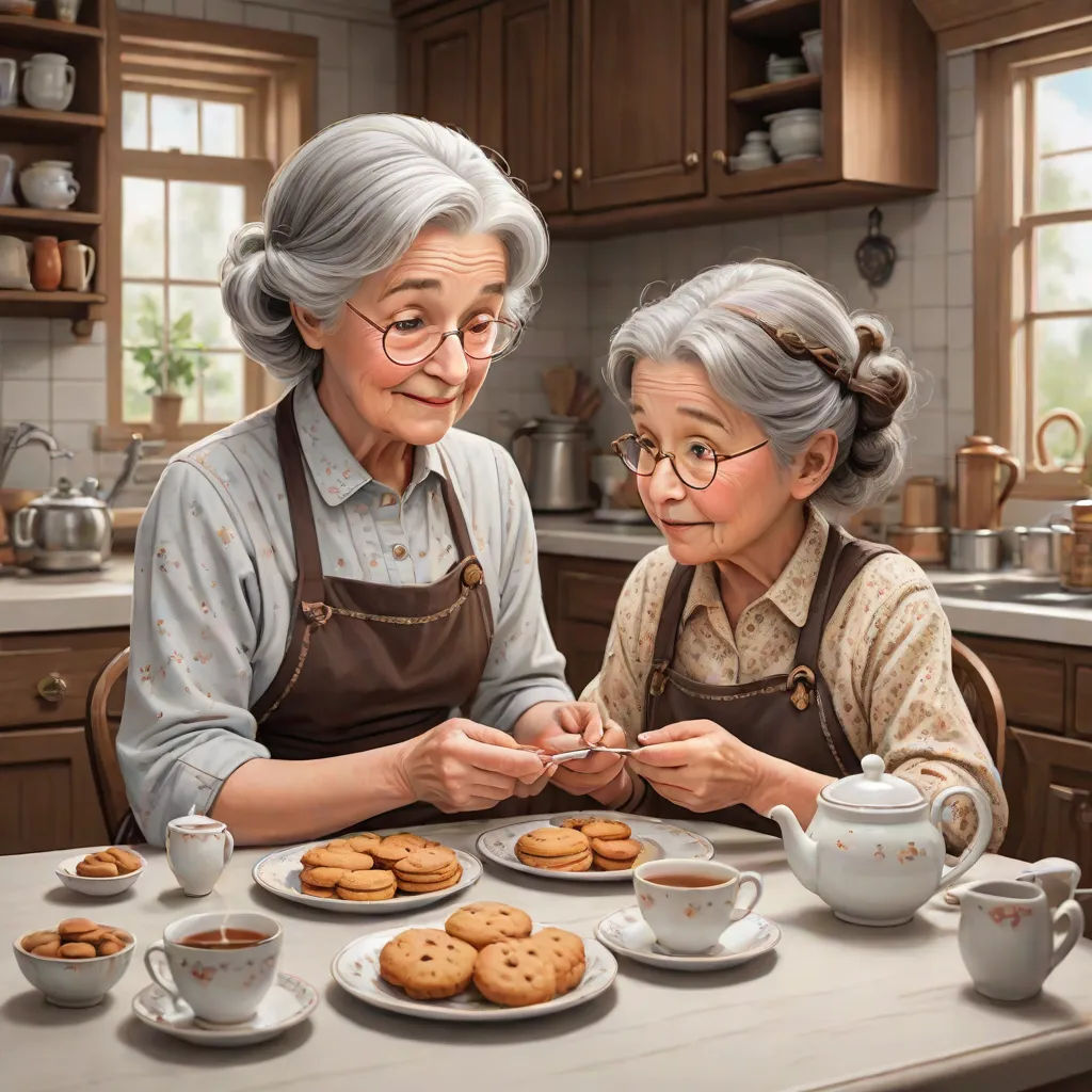 a painting of two women sitting at a table with cookies and cups of coffee in front of them,, a storybook illustration, Brad Kunkle, fantastic realism, highly detailed digital painting