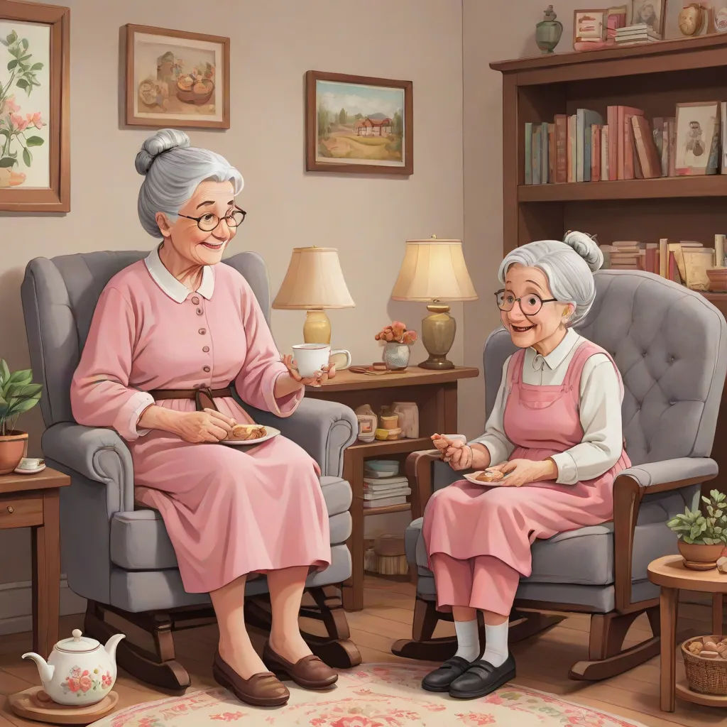 a painting of two older women sitting in chairs in a living room with a lamp on the table and a potted plant on the floor, a storybook illustration, Ada Gladys Killins, american scene painting, storybook illustration