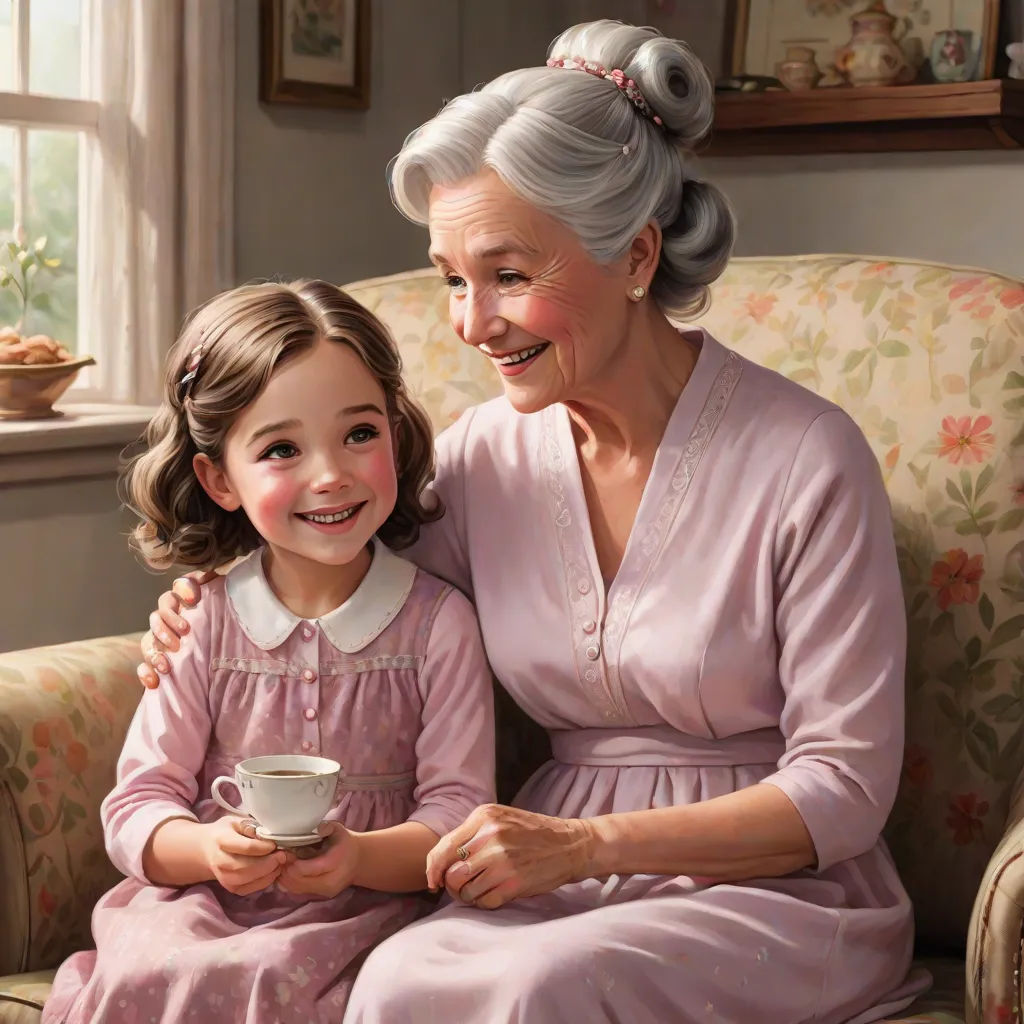 a painting of a woman and a little girl sitting on a couch together, both holding a cup of coffee, a storybook illustration, Bob Byerley, american scene painting, detailed painting