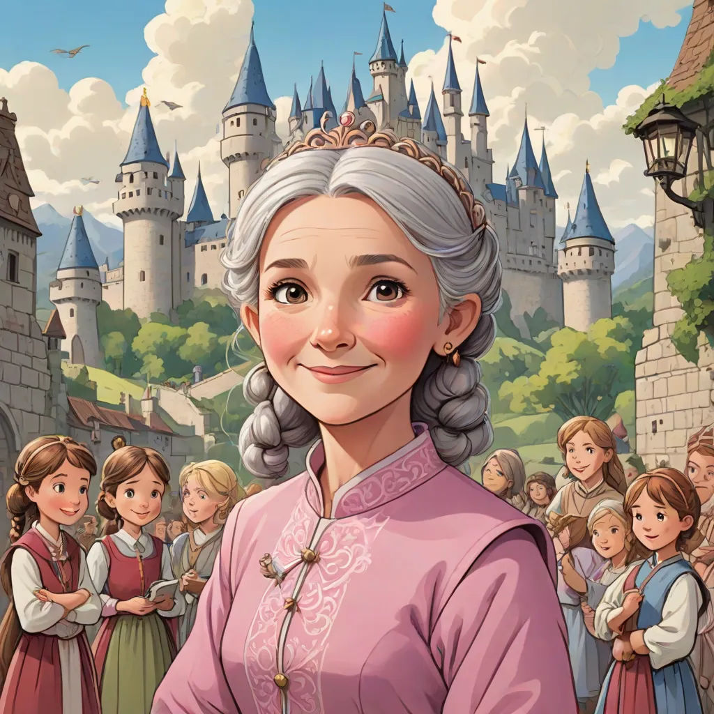 a cartoon of a woman in a pink dress standing in front of a castle with a lot of people, a storybook illustration, Claire Falkenstein, fantasy art, storybook illustration