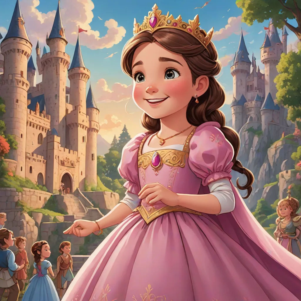 a cartoon character in a pink dress with a castle in the background and a princess pointing at her hand, a storybook illustration, disney, fantasy art, official art