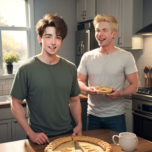 two men standing in a kitchen holding a pie and a cup of coffee and a mug of tea on a counter
