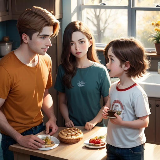 a man and two children standing in a kitchen with a pie on a plate and a pie on a plate