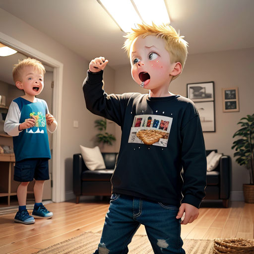 two young boys standing in a living room with a light on above them and a basket on the floor