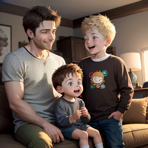 a man and two boys sitting on a couch in a living room together, smiling at the camera,