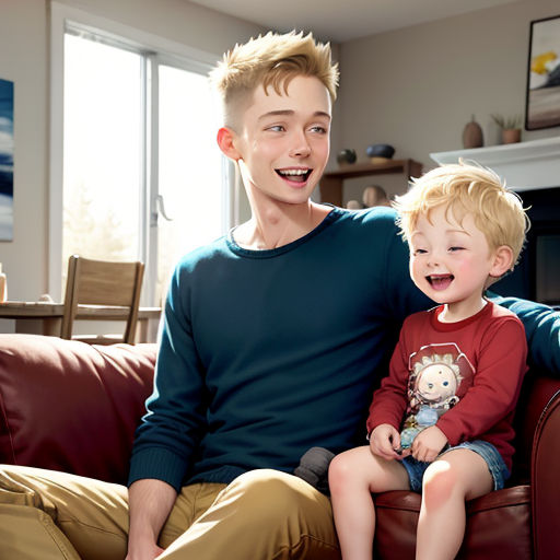 a man and a boy sitting on a couch together smiling at the camera, with a fireplace in the background