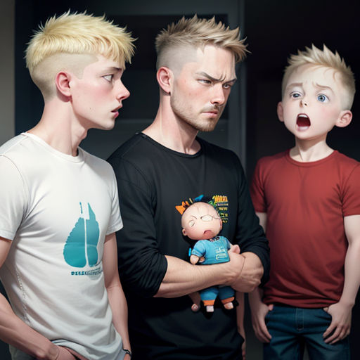 three young men standing next to each other with a baby doll in their hands and a surprised look on their face