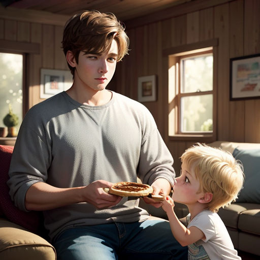 a boy is holding a pizza while a man holds a child's hand in front of him and a woman is sitting on a couch