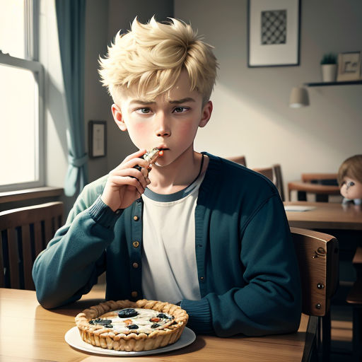 a boy sitting at a table with a pie in front of him and a doll in the background behind him