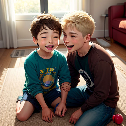 two boys sitting on the floor laughing and laughing together, with a red couch in the background and a red couch in the foreground