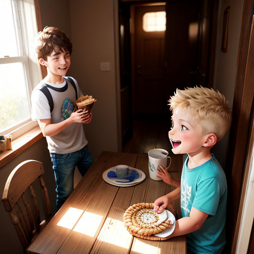 two boys are eating cookies and eating cookies on a plate at a table in a kitchen with a window