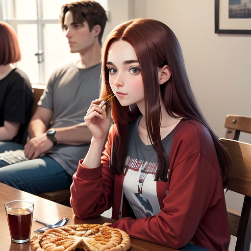 a girl sitting at a table with a pie and a glass of beer in front of her and a man sitting behind her