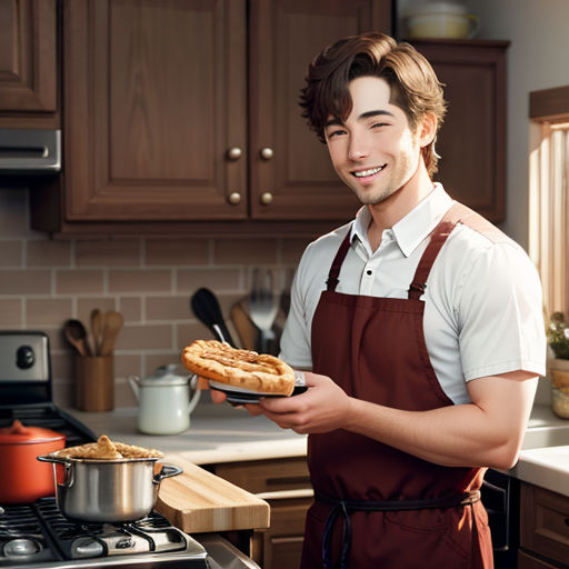 a man holding a plate of food in a kitchen with a stove and a pot on the stove top