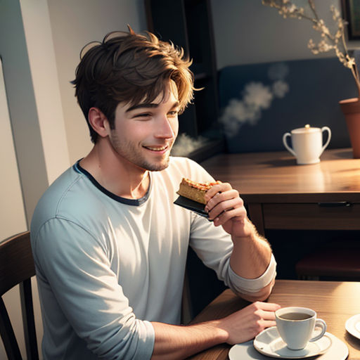 a man sitting at a table eating a piece of food with a cup of coffee in front of him