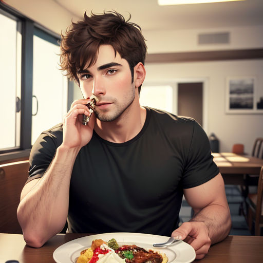 a man sitting at a table with a plate of food on his lap while talking on a cell phone