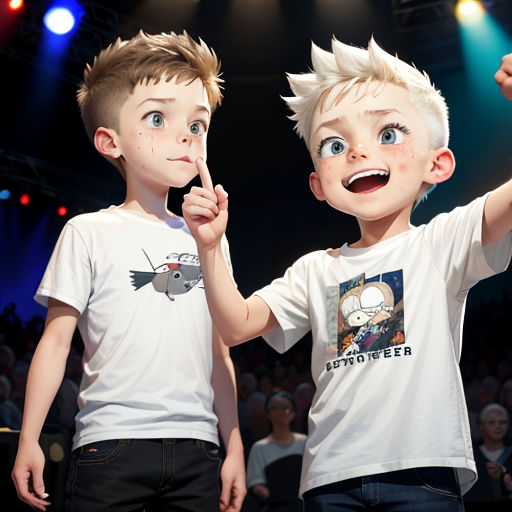 two young boys standing next to each other on a stage with a microphone in their hand and a crowd in the background