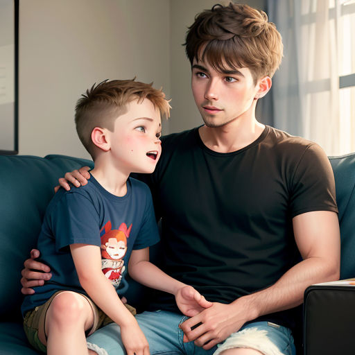a man and a boy sitting on a couch together, one of them is holding a laptop and the other is holding a camera