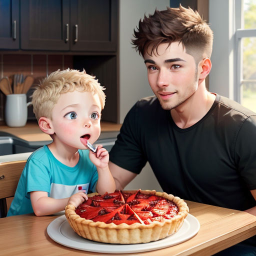 a man and a boy sitting at a table with a pie in front of them and a fork in their mouth