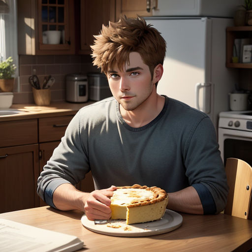 a man sitting at a table with a pie on a plate in front of him and a book on the table