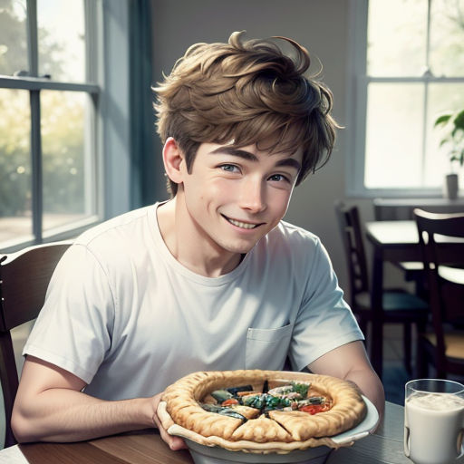a man sitting at a table with a pie in front of him and a glass of milk in front of him