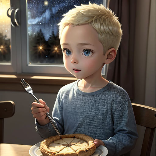 a boy holding a fork and a pie on a plate in front of him with a window in the background
