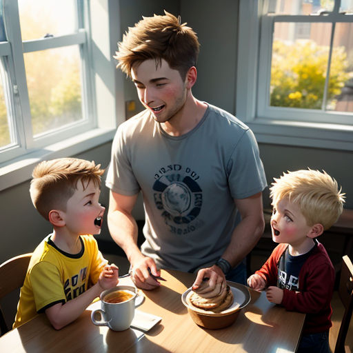 a man and two boys sitting at a table with food in front of them and a man standing over them