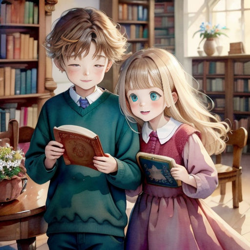a painting of two children reading a book in a library together, with a vase of flowers in the background