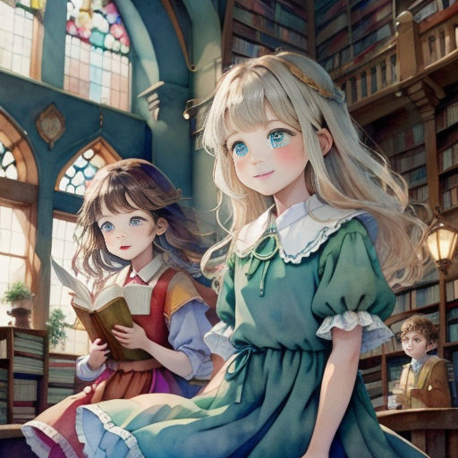 two girls are sitting on a bench in a library reading books and looking at a book in the other hand