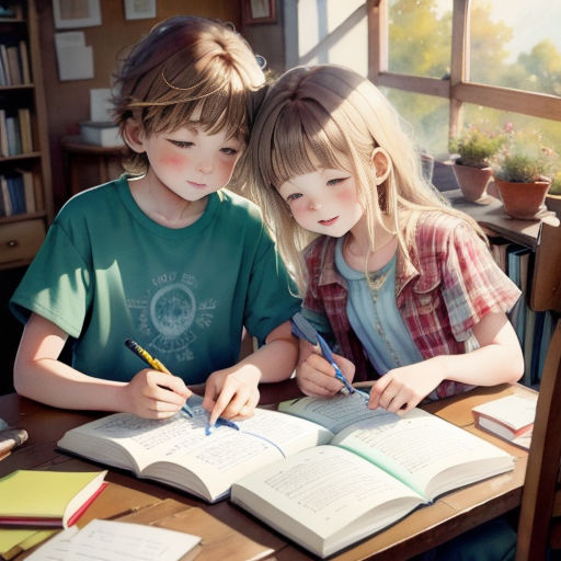 two children sitting at a table with books and writing on them with a pen and paper in front of them