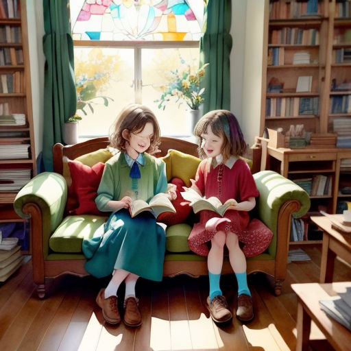 two young girls sitting on a couch reading books together in a library with stained glass windows behind them and a stained glass window