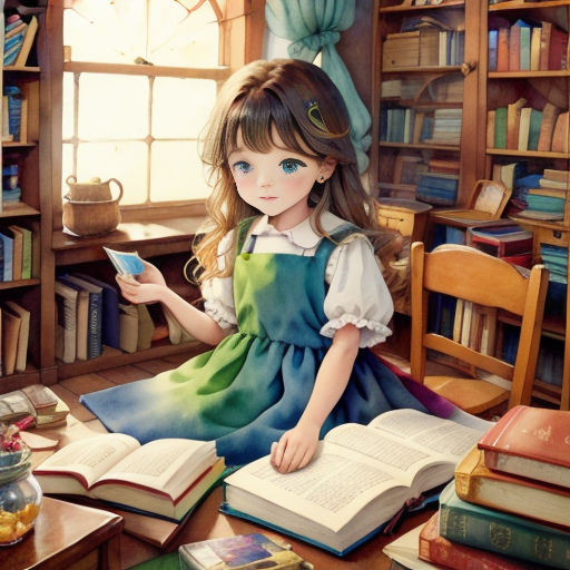 a painting of a girl sitting on a table with a book and a teapot in front of her