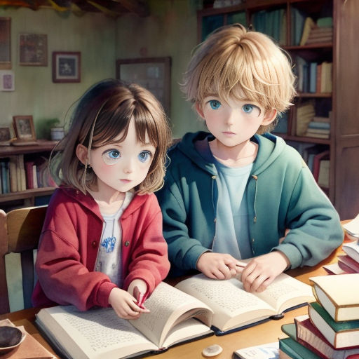 two children sitting at a table with books and a cup of coffee in front of them, one of them is reading a book