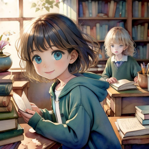 a girl is reading a book in a library with other children in the background and a book shelf full of books