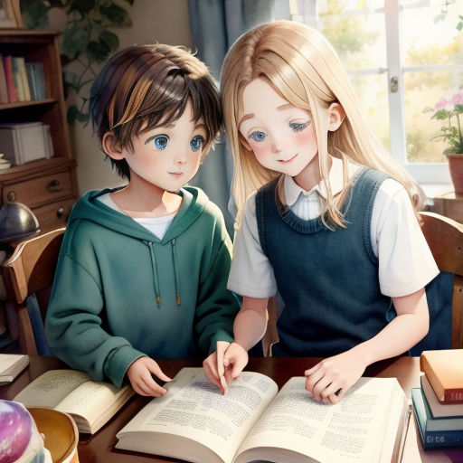 two children sitting at a table with books and a pen in their hands, looking at the camera, with a book open to the side