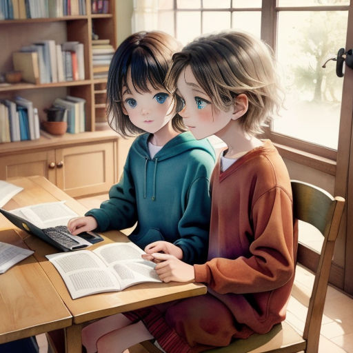 two children sitting at a table with a book and a laptop computer in front of them, both looking at the screen