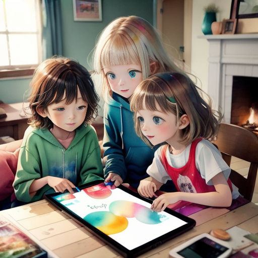 three children sitting at a table with a tablet computer on it and a fireplace in the background with a painting on it