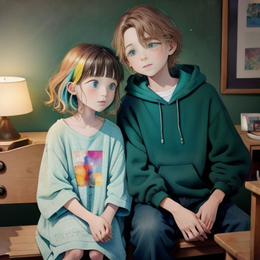 a painting of two children sitting on a bench in a room with a lamp on the side of the wall