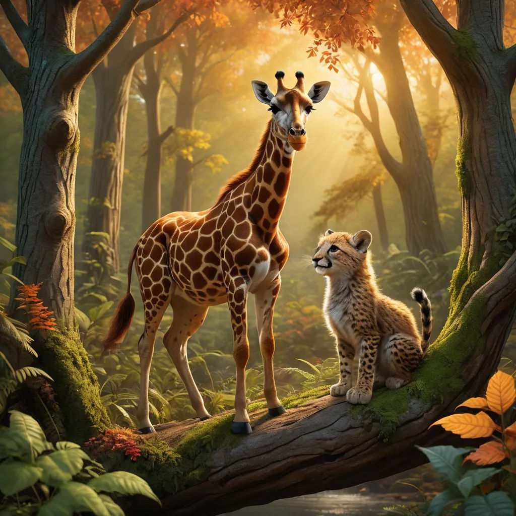 a giraffe and a baby giraffe are standing in the woods together, with sunlight streaming through the trees, furry art, a detailed matte painting, Chris LaBrooy, promotional image