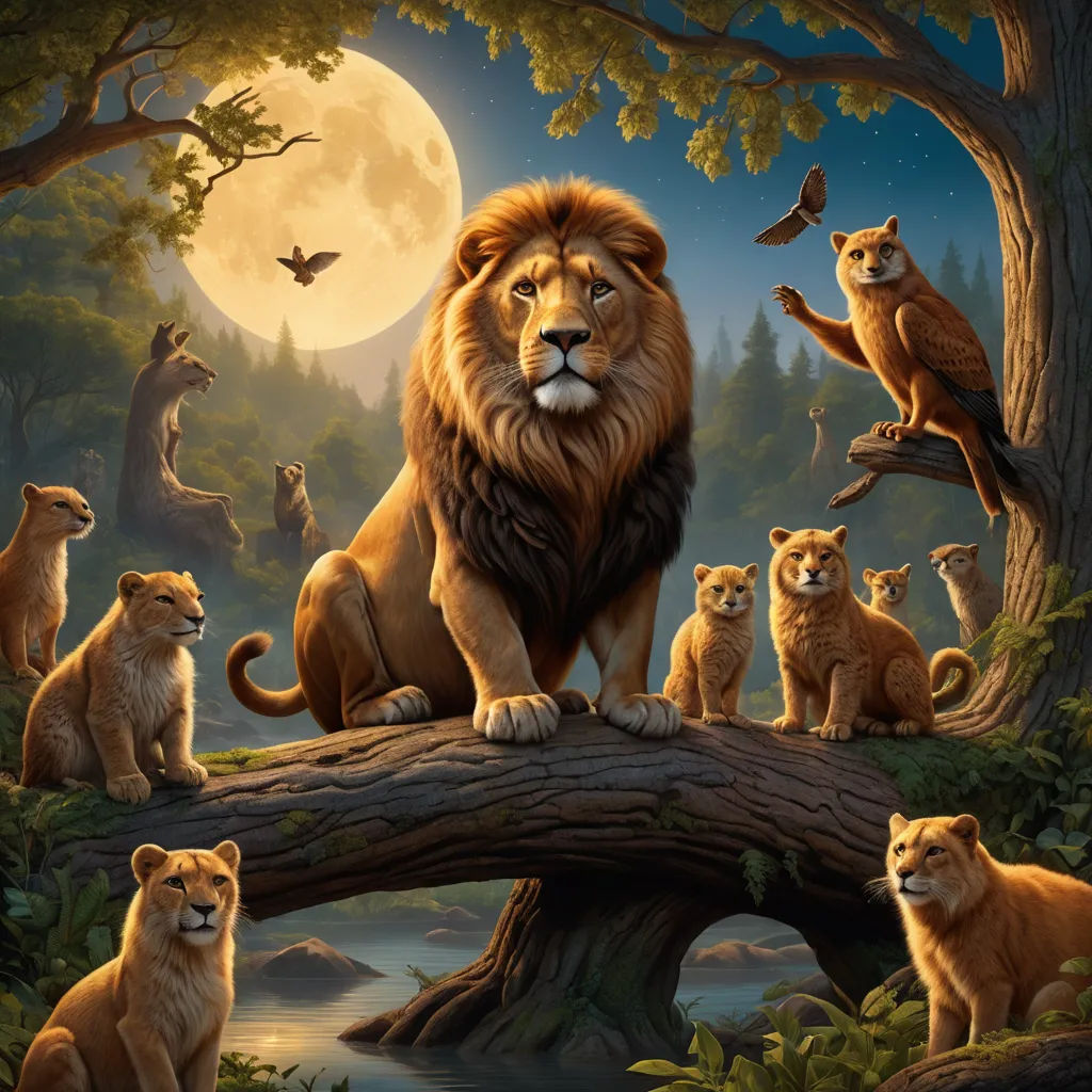 a painting of a lion and his cubs on a tree branch in a forest with a full moon in the background, furry art, an oil painting, Chris LaBrooy, highly detailed digital painting