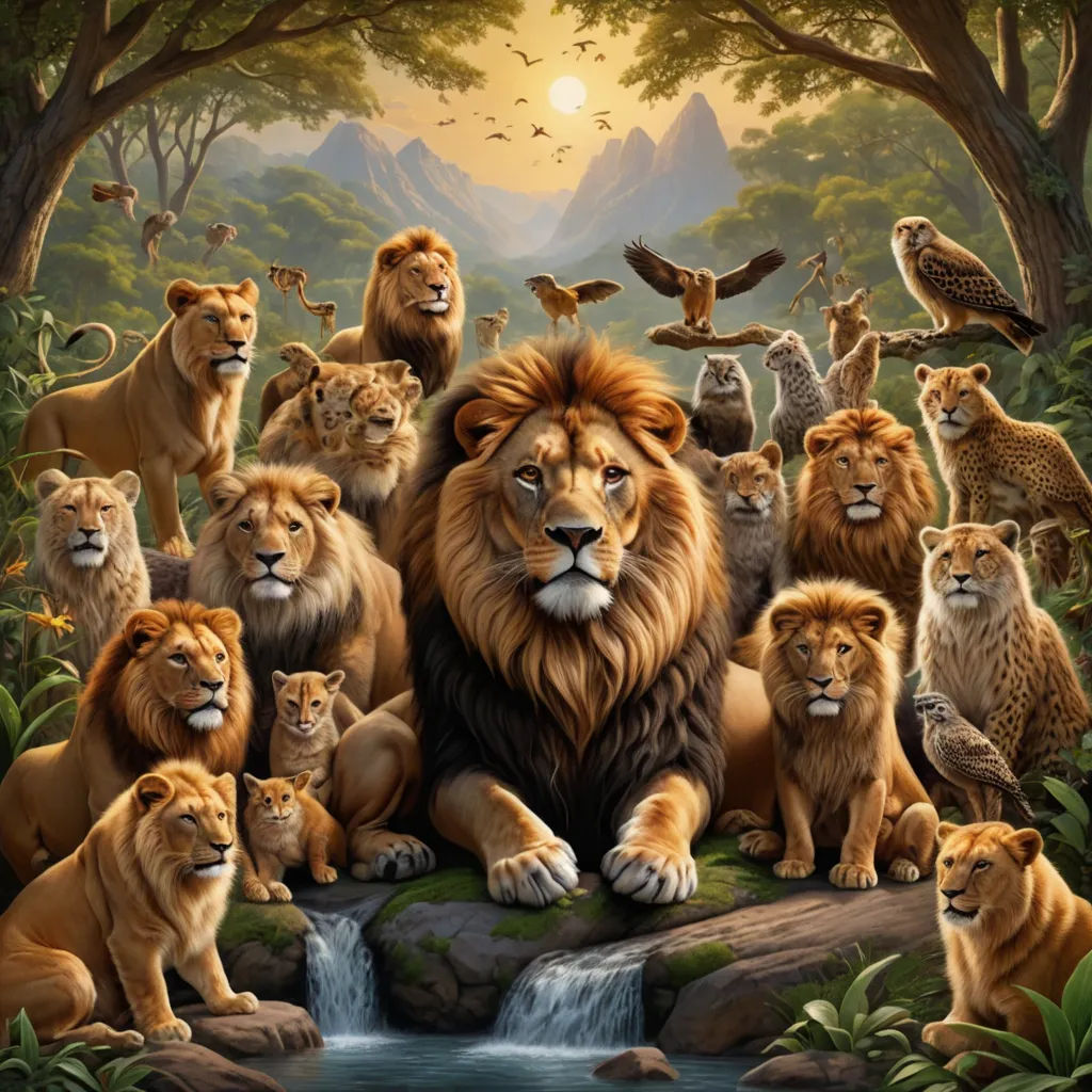 a painting of a group of lions sitting on a rock in a forest with a waterfall and birds flying around, furry art, an airbrush painting, Chris LaBrooy, furaffinity