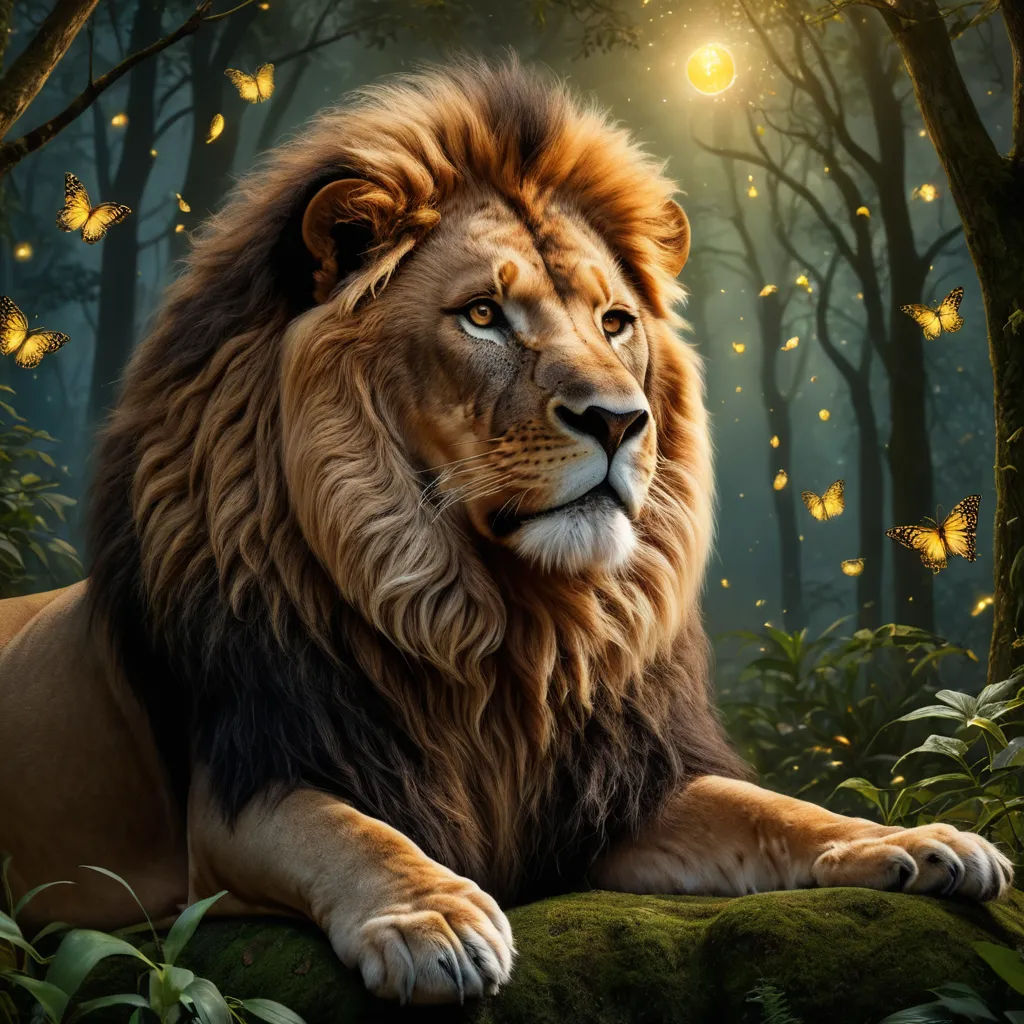 a lion laying on a rock in a forest with butterflies flying around it and a light shining on the ground, fantasy art, an airbrush painting, Chris LaBrooy, highly detailed digital painting