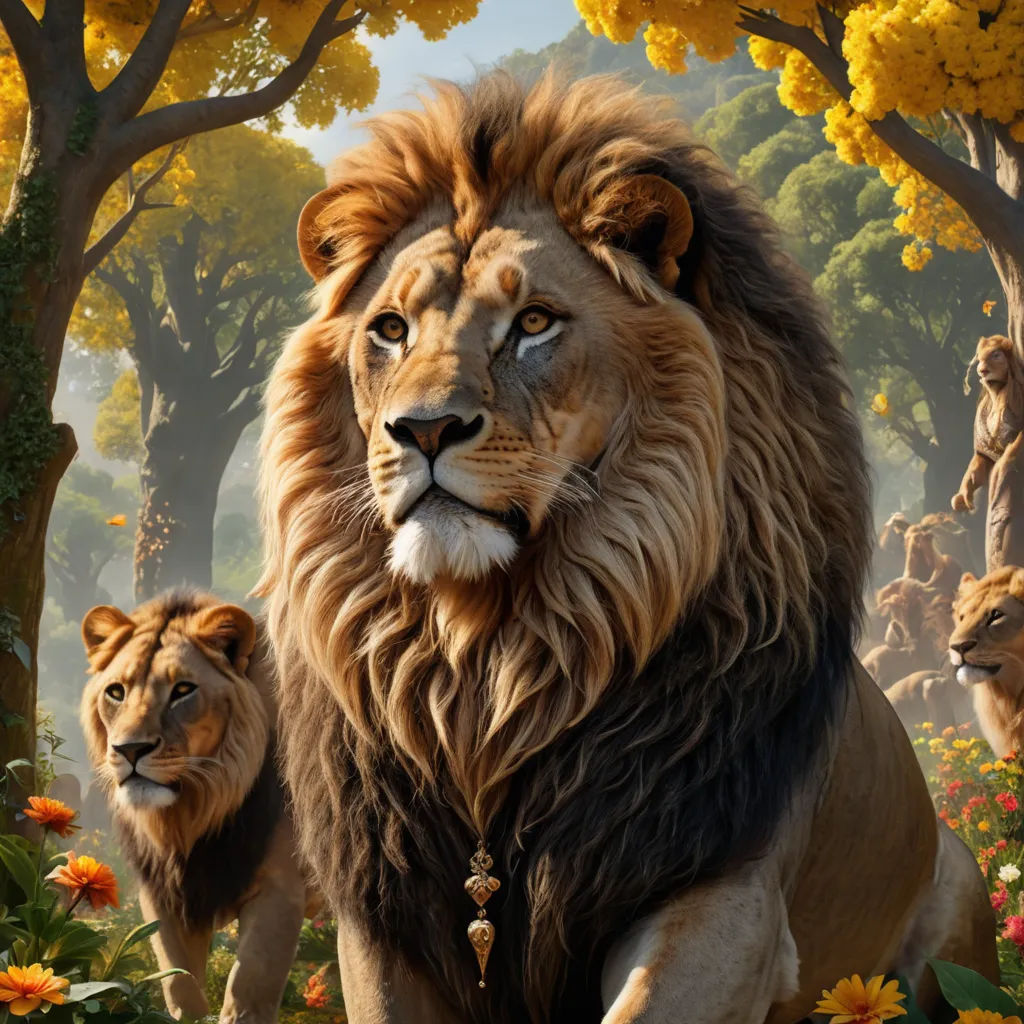 a lion and a lioness in a forest with flowers and trees in the background, with a backdrop of yellow flowers, furry art, a detailed matte painting, Chris LaBrooy, majestic
