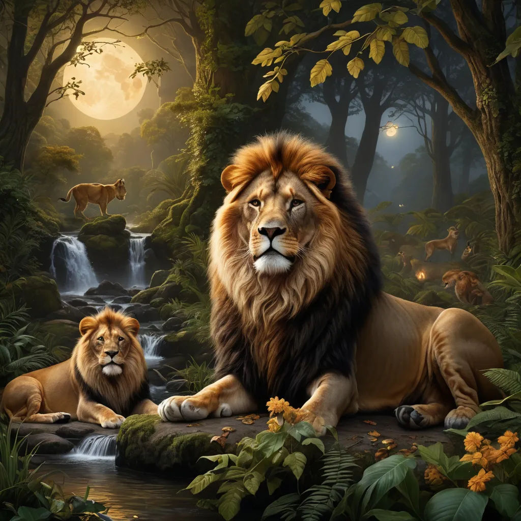 a painting of two lions sitting in the jungle with a waterfall in the background and a full moon in the sky, fantasy art, an airbrush painting, Chris LaBrooy, highly detailed digital painting