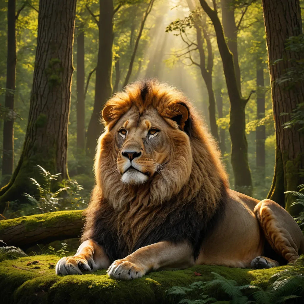 a lion laying in the middle of a forest with a bright light coming through the trees behind it and a sunbeam in the background, naturalism, a digital rendering, Chris LaBrooy, wildlife photography