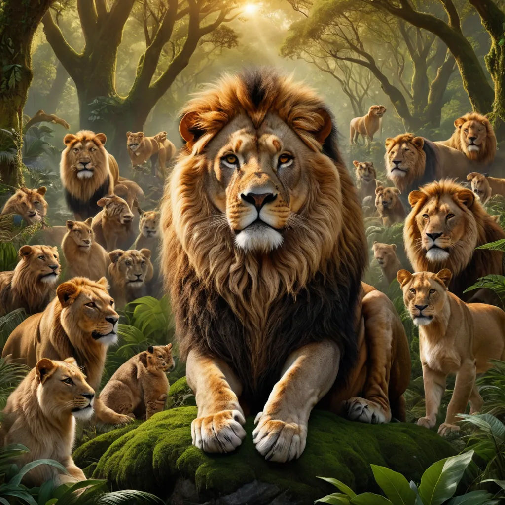 a painting of a lion surrounded by other lions in a forest with trees and grass and sunlight shining through the trees, furry art, poster art, Chris LaBrooy, wildlife photography