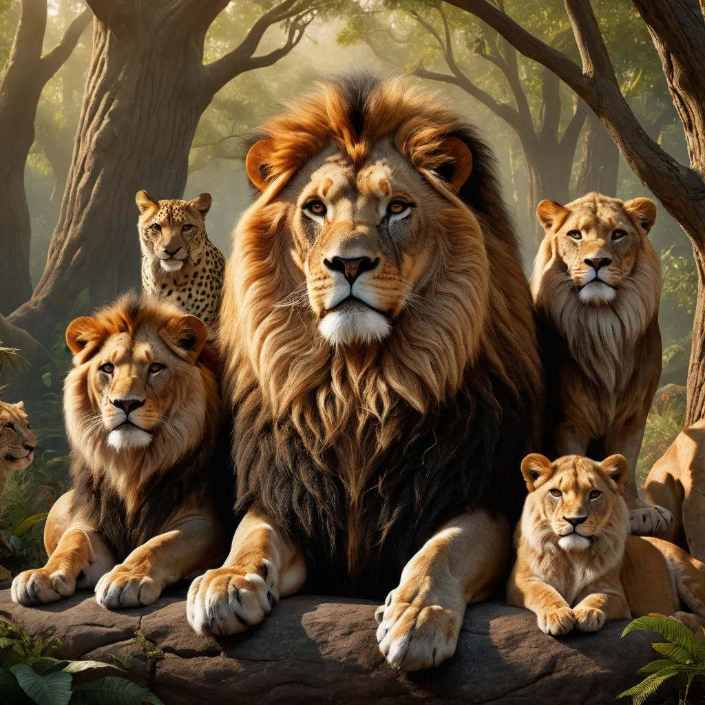 a group of lions sitting on top of a rock in a forest with trees and bushes behind them,, furry art, a photorealistic painting, Chris LaBrooy, photoreal