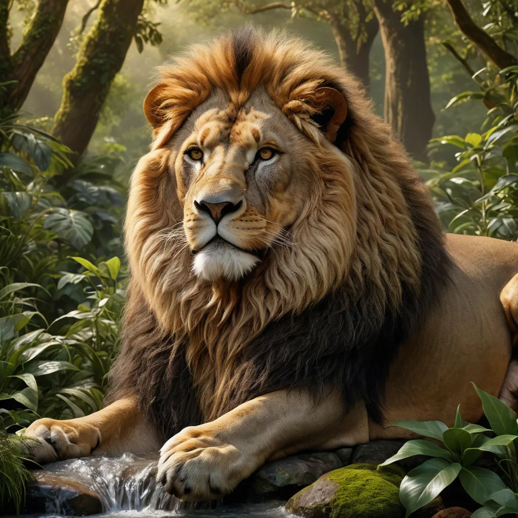 a lion laying on a rock in a jungle setting with a stream running through it's center, with trees and foliage in the background, furry art, a matte painting, Chris LaBrooy, weta digital