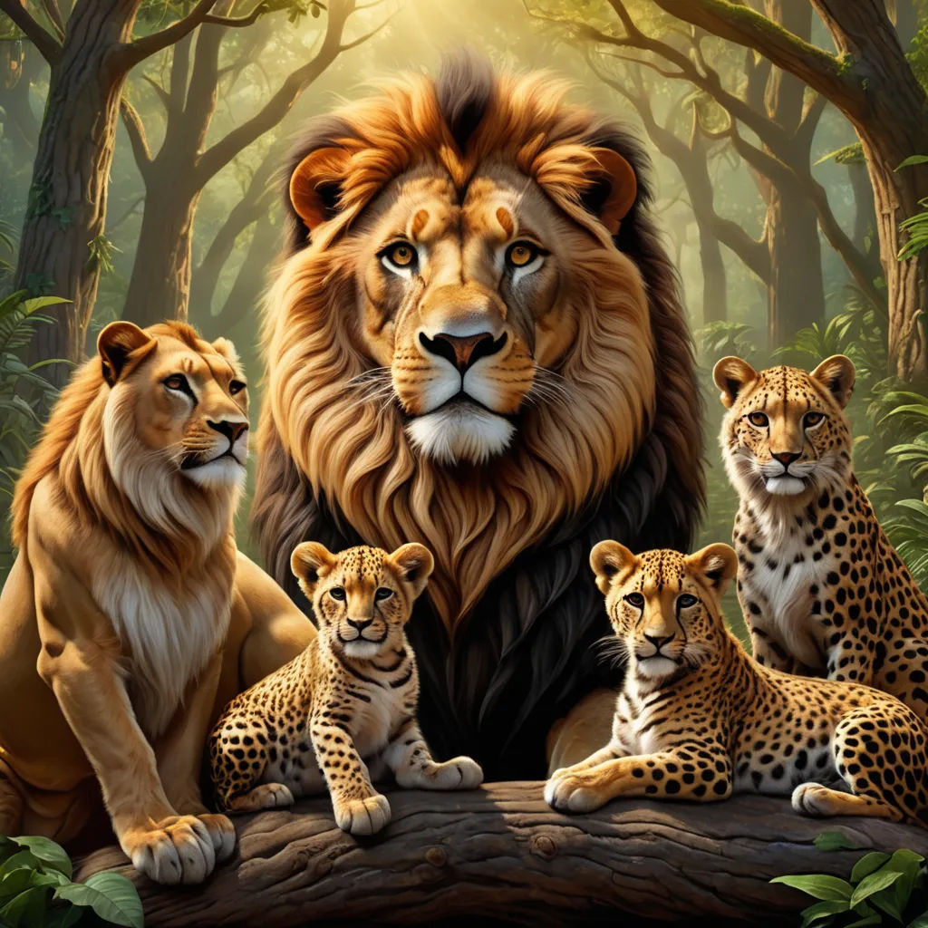 a lion and three cubs sitting on a log in the forest with trees and foliage behind them, with a sunbeam in the background, furry art, an airbrush painting, Carlos Catasse, wildlife photography